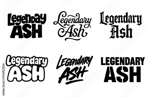 Legendary Ash Lettering Grid. Legendary Ash. Set lettering. harmonious lettering variations of the same emblematic concept (Funky cartoon-style lettering,