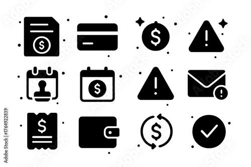 Payment Icons Collection. Payment and Bill Reminders. Solid icons set of Payment and Bill Reminders: invoice, credit card, dollar coin, banknote, due date