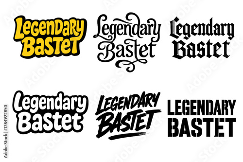 Bastet Lettering Variations. Legendary Bastet. Set lettering. harmonious lettering variations of the same emblematic concept (Funky cartoon-style lettering,