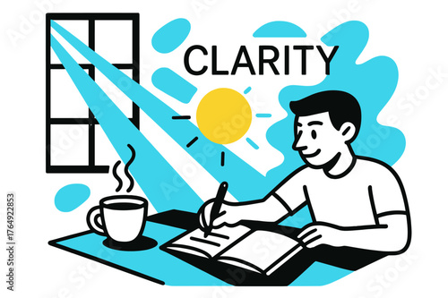 Clarity and Focus. Focus and Energy. Rays stream through a window onto a desk with coffee and notebook; the word ?Clarity? floats in thin type above a glowing