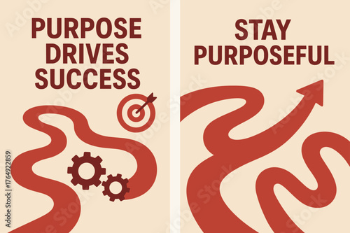 Purposeful Banners. Purpose drives success. Two vertical A6 banners with safe margins, centered composition, no elements touching edges, flat vector design,