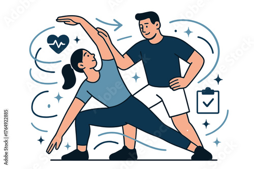 Dynamic Fitness Coaching. Fitness training and personal coaching. Client stretching under guidance of trainer with abstract floating motion lines, icons, and