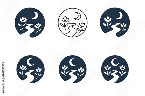 Moonlit Blooms Logo Grid. Stream with blooming flowers. Set Logo of Stream with blooming flowers: Moonlit stream with night-blooming flowers and subtle