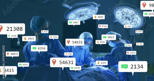 lead surgeon making incision, activating pin icon, badges multiplying around team during surgery