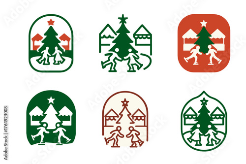 Festive Market Logos. Christmas market and festive decorations. Set Logo of Christmas market and festive decorations: an ice-skating rink with market stalls in