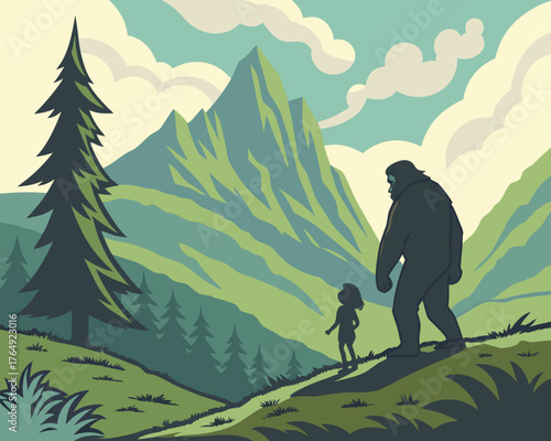A bigfoot and a child encounter in a green mountain landscape