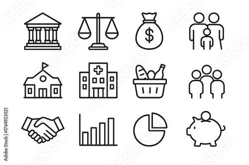 Public Policy Icons. Public policy. Line icon set of public policy: government building, scale balance, money bag, family, school, hospital, food basket,