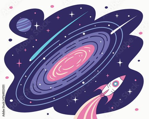 A cartoon rocket ship soars through a colorful galaxy