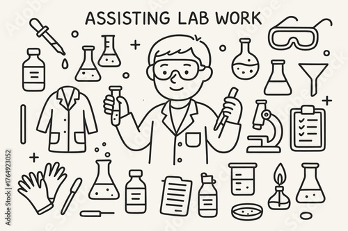 Lab Work Essentials. Assisting Lab Work. Hand-drawn doodle illustration Assisting Lab Work person holding test tube, pipette, microscope, gloves, lab coat,