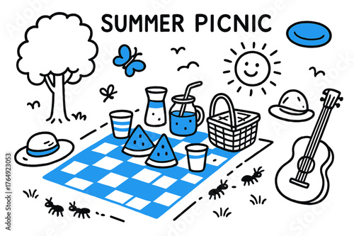 Cartoon Summer Picnic. // Summer picnic. Hand-drawn doodle illustration Summer picnic [picnic blanket (accented), picnic basket, watermelon wedges (accented),