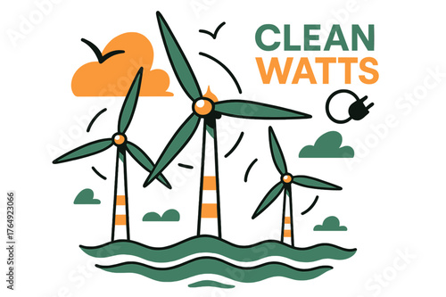 Offshore Wind Majesty. Offshore Wind Turbines. Slow-blade giants turn above gentle waves as seabirds trace tidy arcs; ?Clean Watts? hovers near a cable icon.