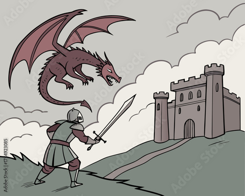 A knight faces a dragon near a castle with a gray and monochrome theme
