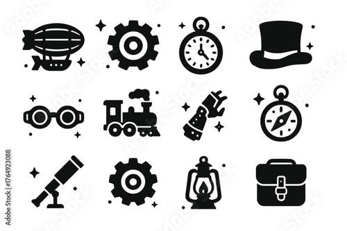 Steampunk Icon Collection. Steampunk Adventure. Solid icons set of Steampunk Adventure: airship, gear, pocket watch, top hat, goggles, steam engine, mechanical