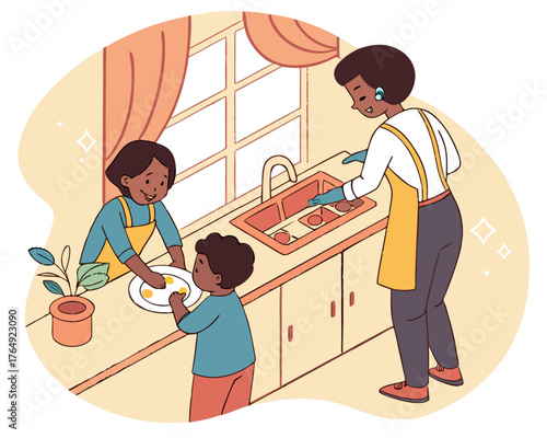 A family is doing dishes together in the kitchen with a window behind them