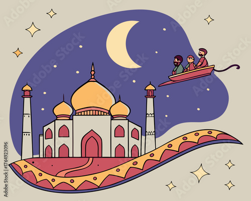 A magical carpet ride over a beautiful palace under the moonlight sky