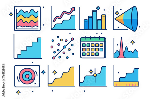Time Series Icons. Time series analysis. Colorful isometric vector icons set of Time series analysis: seasonal decomposition chart, rolling average line,