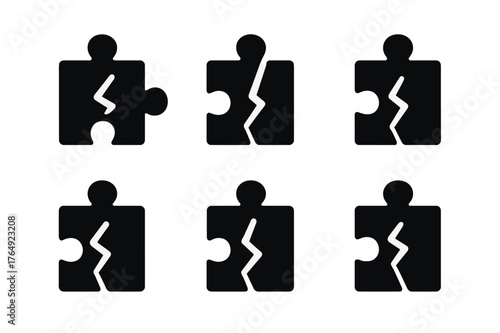 Broken Puzzle Logo. Learning to Embrace Failure as Part of Growth. Set Logo of Broken Puzzle Piece: Minimal outline, Negative space, Flat solid, Symmetrical