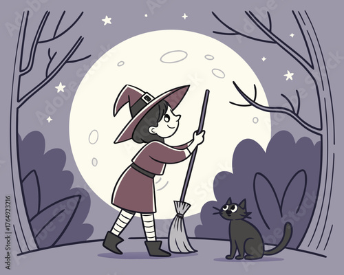 A young witch with a broom stands before a full moon with her black cat