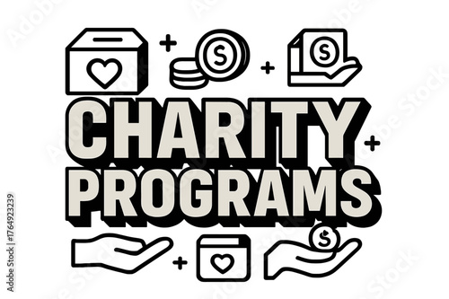 Charity Programs Block Lettering. Bold Block Lettering ? "Charity Programs" in massive bold geometric letters, stacked block composition, heavy outlines with