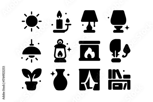 Light Icon Set. Natural & Artificial Light. Solid icons set of Natural & Artificial Light: sunlight, candle, candle holder, table lamp, hanging lamp, lantern,
