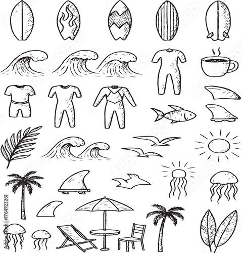 Hand drawn beach and ocean icons with palm trees surfboards and deck chairs