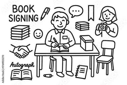 Book Signing Scene. Book signing. Hand-drawn doodle illustration book signing author, table, pen, stack of books, autograph, smile face, bookmark, name tag,
