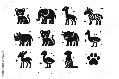 Savanna Baby Icons. Young Animals of the Savanna. Solid icons set of Young Animals of the Savanna: lion cub, baby elephant, giraffe calf, zebra foal, rhino