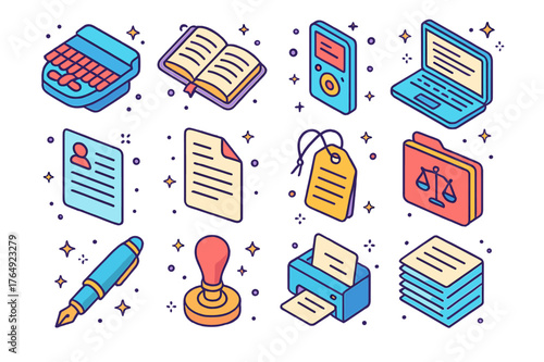 Court Reporting Icons. Court reporting and documentation. Colorful isometric vector icons set of Court reporting and documentation: stenography machine, open