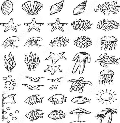 Set of hand drawn doodle icons representing ocean waves surfboards sun and seashell