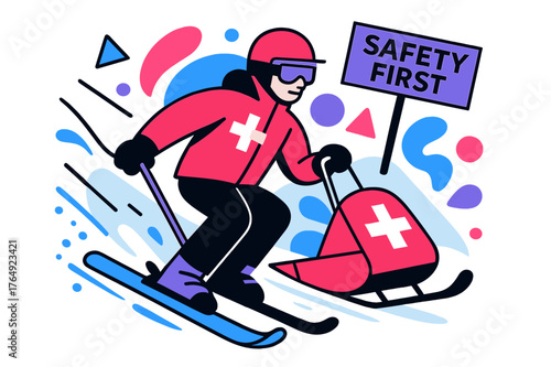 Ski Patrol Rescue. Ski Patrol In Action. A rescuer carves with a sled, red cross emblem gleaming; urgency meets calm precision. ?Safety First? hangs in the