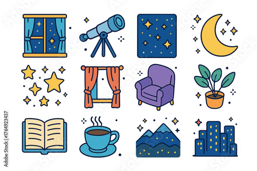 Night Sky Icon Set. Night sky observation. Colorful isometric vector icons set of night sky observation: window, telescope, starry sky, moon, stars, curtains,