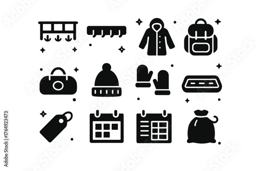 Icons of Mudroom Essentials. Mudroom storage with hooks. Solid icons set of Mudroom storage with hooks: cubby shelf, hook strip, raincoat, school backpack,