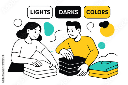 Color-Coded Laundry Sorting. Sorting Clothes by Color. Hands arrange neat stacks of shirts in a gradient from white to deep navy; labels float above reading