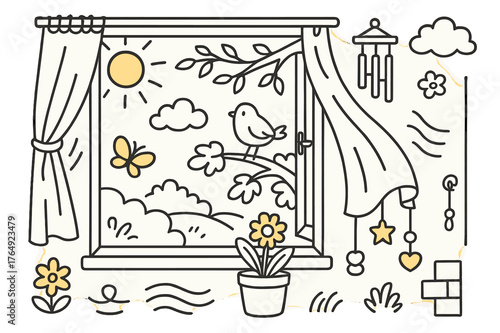 Nature's Window View. Nature view. Hand-drawn doodle illustration open window (colored), curtain (colored), sunlight (colored), breeze lines (colored), tree