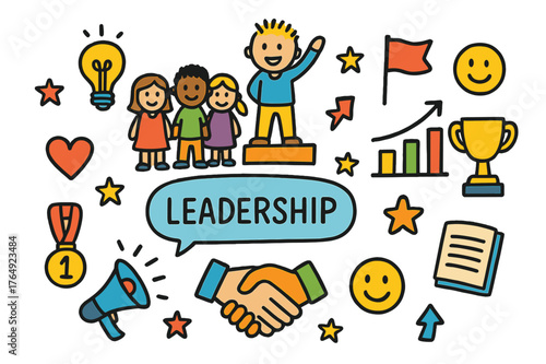 Leadership Doodles. leadership inspiration. Colorful Hand-drawn doodle Children illustration leadership inspiration leader, team, speech bubble, lightbulb,