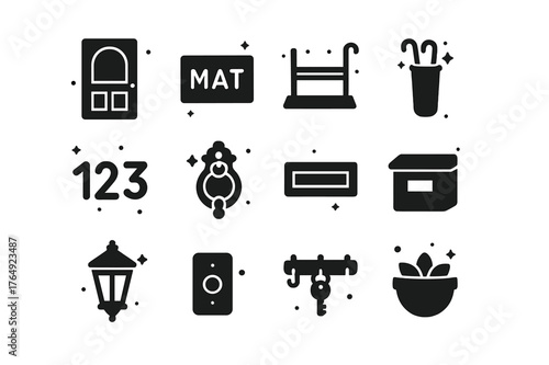Entryway Porch Icons. Entryway Porch. Solid icons set of Entryway Porch: front door, doormat, boot scraper, umbrella stand, house numbers, door knocker, mail