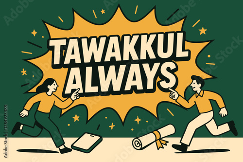 Tawakkul Always Banner. Tawakkul Always banner, flat vector illustration, bold oversized text inside comic burst banner, cartoon characters running and