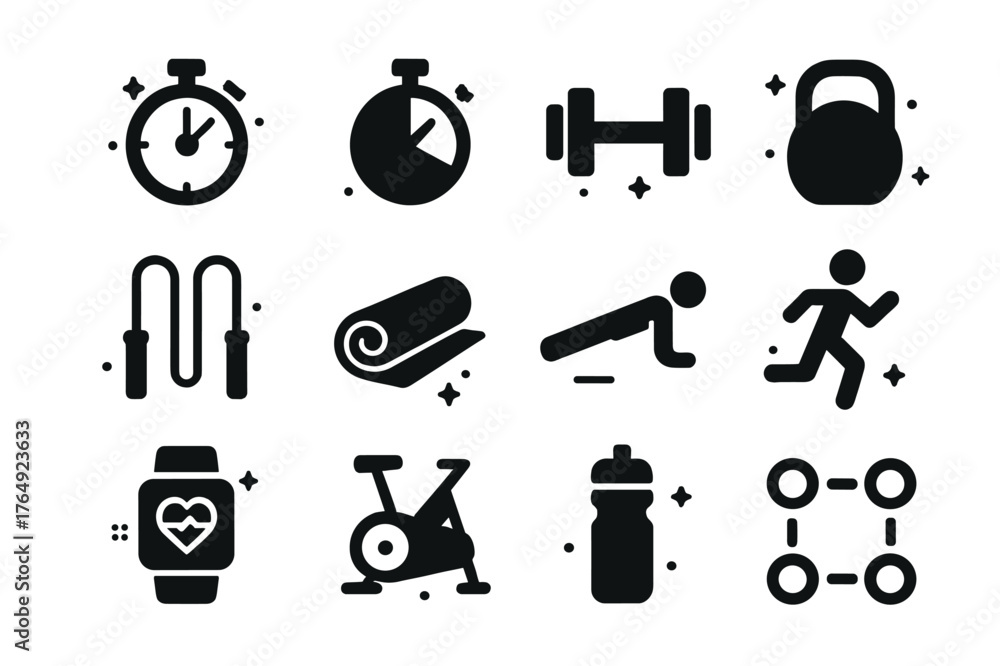 Obraz premium Interval Workout Icons. Interval Workout. Solid icons set of Interval Workout: stopwatch, timer, dumbbell, kettlebell, jump rope, yoga mat, push-up, person