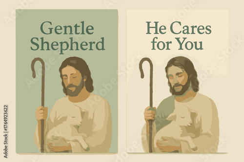 Gentle Shepherd Banners. Gentle Shepherd. Two vertical A6 banners with safe margins, centered composition, no elements touching edges, pastel, sage and cream,