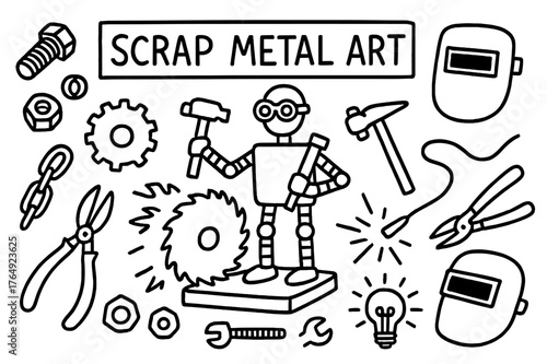 Scrap Metal Doodles. Scrap metal art. Hand-drawn doodle illustration scrap metal art sculpture, bolts, nuts, saw blade, gear, hammer, welder, chain, pliers,