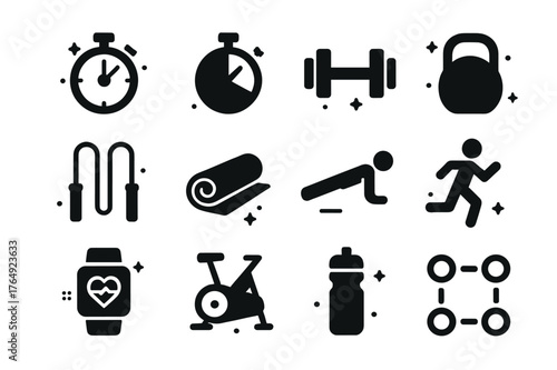 Interval Workout Icons. Interval Workout. Solid icons set of Interval Workout: stopwatch, timer, dumbbell, kettlebell, jump rope, yoga mat, push-up, person