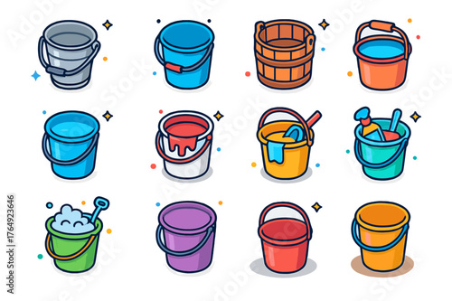 Colorful Bucket Icons. Bucket assortment. Colorful isometric vector icons set of bucket assortment: metal bucket, plastic bucket, wooden bucket, water bucket,