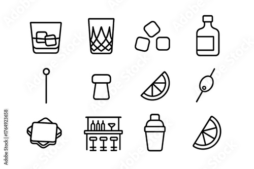 Cocktail Icon Set. Cocktail hour. Line icon set of cocktail hour: whiskey glass, crystal glass, ice cubes, bottle, cocktail stirrer, cork, lemon slice, olive,