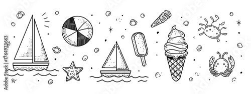 vector illustration of a set of summer doodle sea  symbols