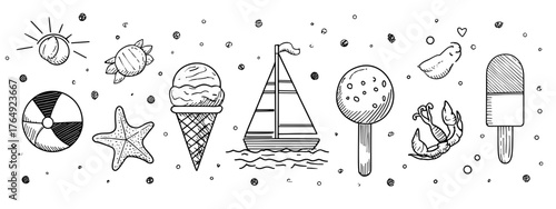 vector illustration of a set of summer doodle sea  symbols