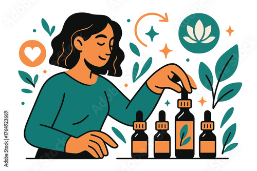 Mindful Aromatherapy Selection. Aromatherapy oils. Person selecting essential oils from collection with abstract floating icons, leaves, and sparkles; conveys