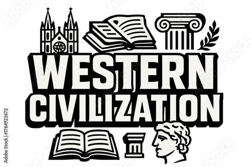 Western Civilization Art. Bold Block Lettering ? "Western Civilization" in massive bold geometric letters, stacked block composition, heavy outlines with