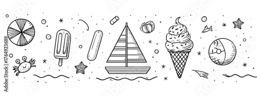 vector illustration of a set of summer doodle sea  symbols