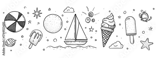 vector illustration of a set of summer doodle sea  symbols