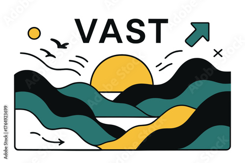 Vast Abstract Landscapes. Abstract Landscapes. Rolling shapes collide and drift like clouds over a horizon line; the word ?VAST? floats in thin sans above sun
